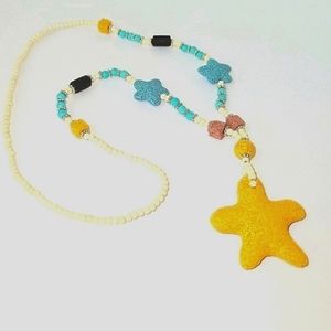 Starfish Lava/Howlite,Boho Statement Necklace,w/Yellow Pendant, Silvertone